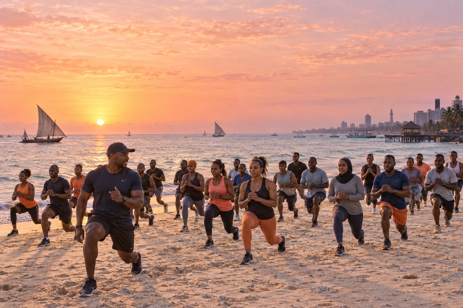 Sunrise group workout on Coco Beach, Dar es Salaam, with dhows on the ocean
