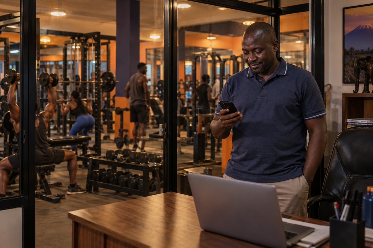 Gym owner checking the day's numbers on his phone in his office
