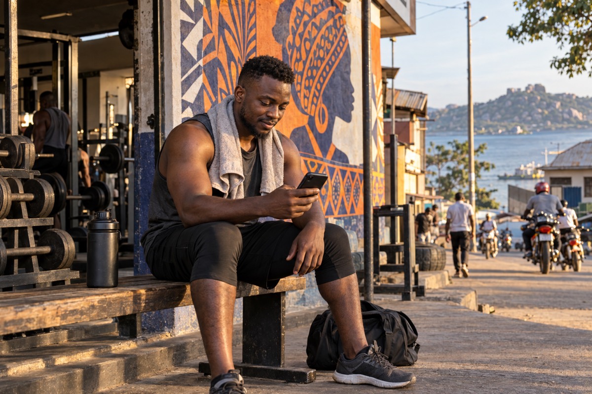 Member checking his gym plan on his phone after a workout